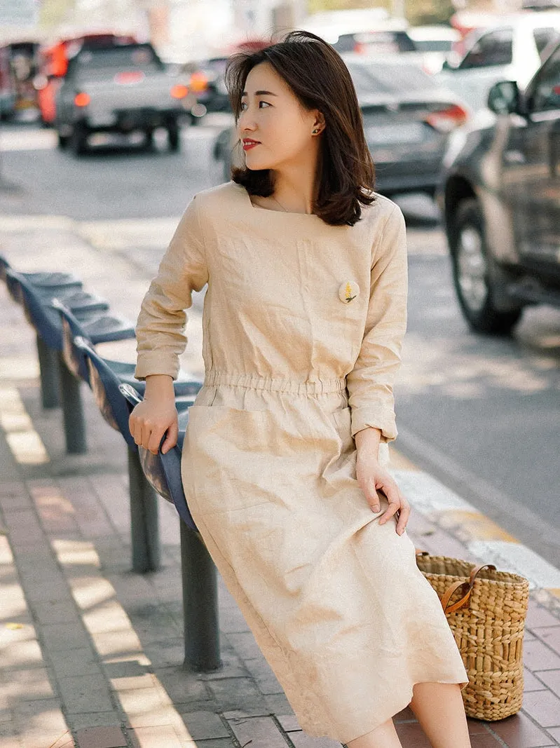 Long Sleeve Linen Dresses U Neck Spring Summer Khaki Women Dresses XH9657