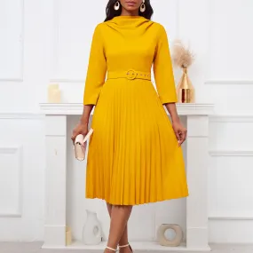 Long Sleeve Pleated Solid Color Dress Wholesale Womens Clothing N3823111600056