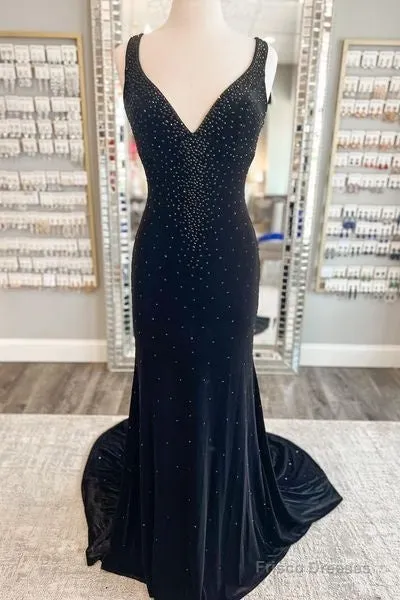 Long Velvet Black Prom Dresses Straps Crystals V Neck Formal Dress Gowns