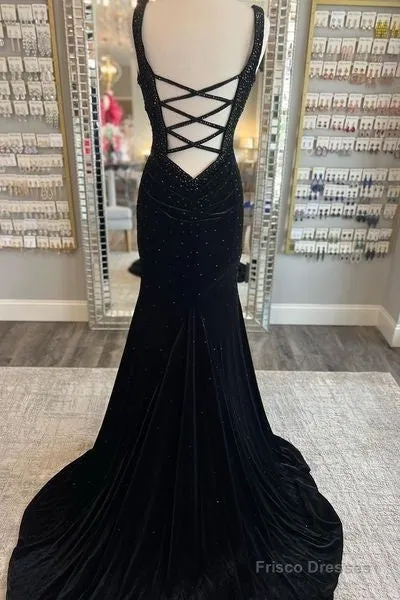 Long Velvet Black Prom Dresses Straps Crystals V Neck Formal Dress Gowns