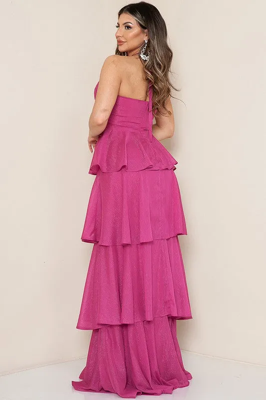 Magenta Halter Neck Ruffle Lyered Maxi Dress