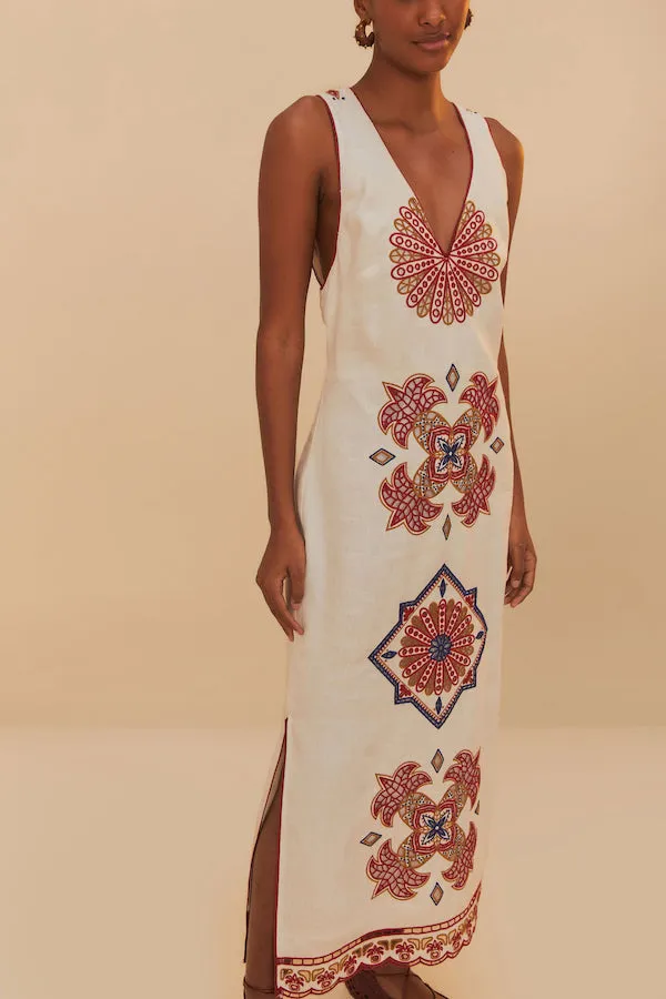 MARY TILES OFF WHITE SLEEVELESS MIDI