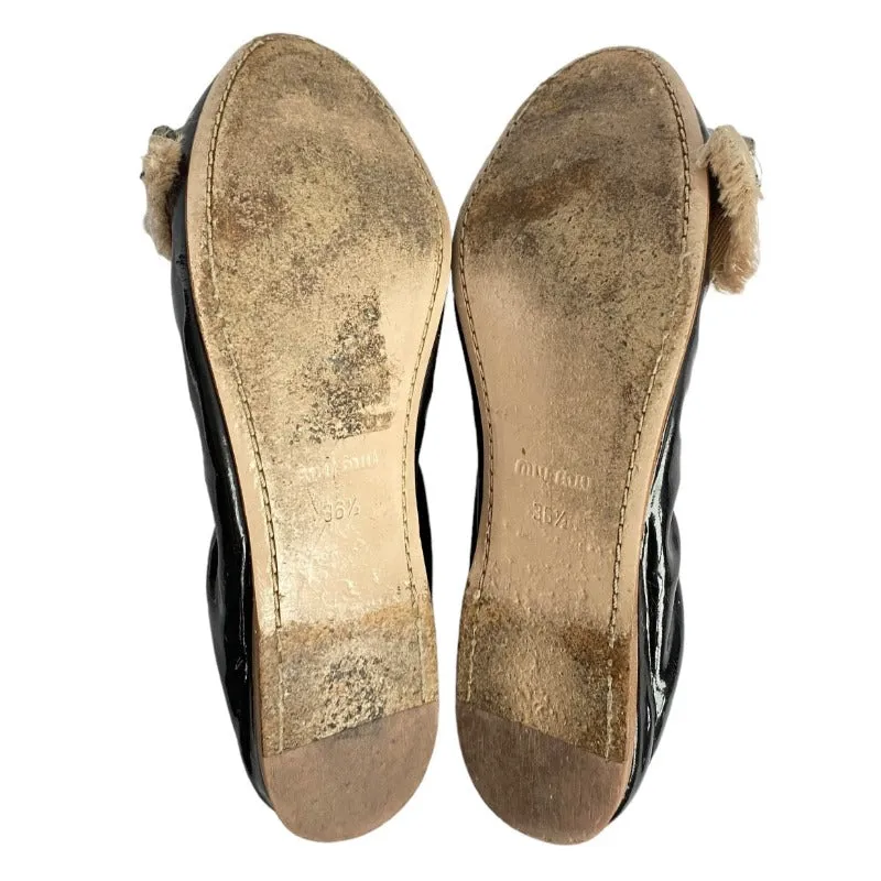 MIU MIU Black Patent Leather w Ribbon & Swarovski Crystals Ballerina Flats, Size 36.5
