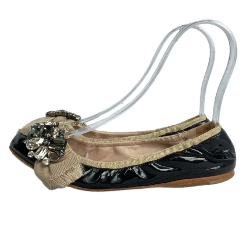 MIU MIU Black Patent Leather w Ribbon & Swarovski Crystals Ballerina Flats, Size 36.5