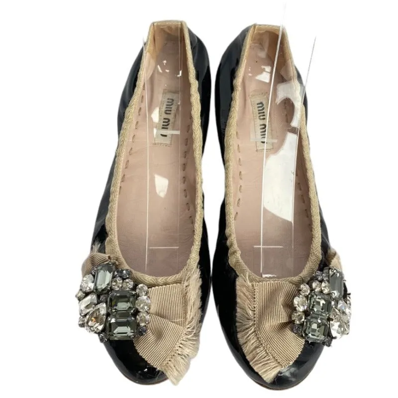 MIU MIU Black Patent Leather w Ribbon & Swarovski Crystals Ballerina Flats, Size 36.5