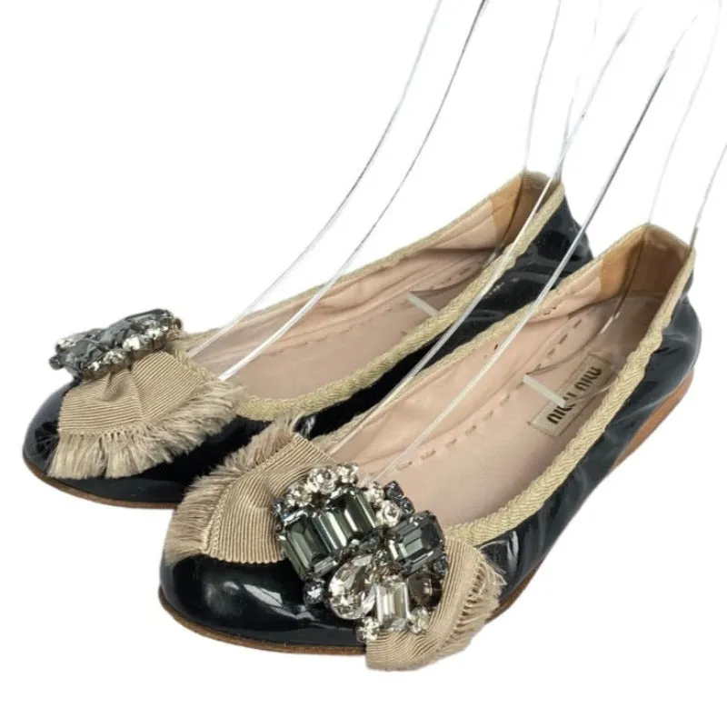 MIU MIU Black Patent Leather w Ribbon & Swarovski Crystals Ballerina Flats, Size 36.5