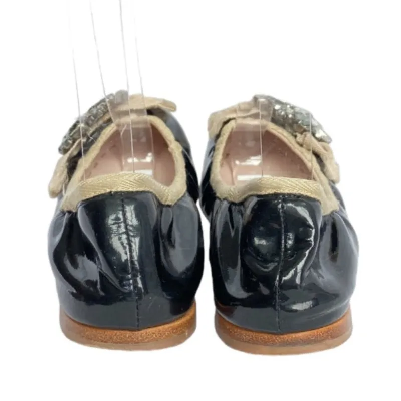 MIU MIU Black Patent Leather w Ribbon & Swarovski Crystals Ballerina Flats, Size 36.5