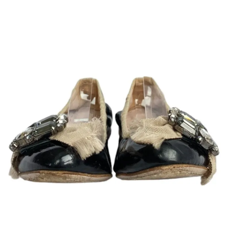 MIU MIU Black Patent Leather w Ribbon & Swarovski Crystals Ballerina Flats, Size 36.5