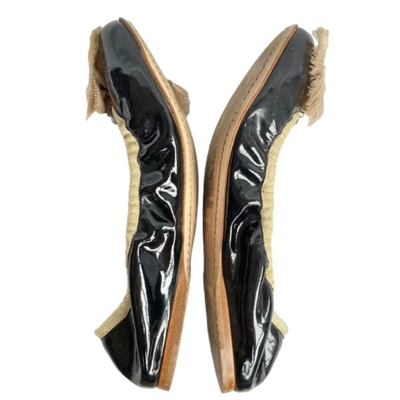 MIU MIU Black Patent Leather w Ribbon & Swarovski Crystals Ballerina Flats, Size 36.5