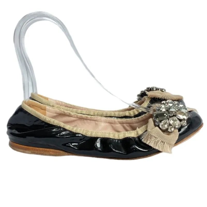 MIU MIU Black Patent Leather w Ribbon & Swarovski Crystals Ballerina Flats, Size 36.5