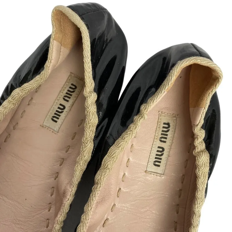 MIU MIU Black Patent Leather w Ribbon & Swarovski Crystals Ballerina Flats, Size 36.5