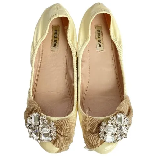 MIU MIU Ivory Patent Leather w Ribbon & Swarovski Crystals Ballerina Flats, 36.5