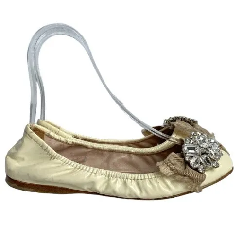 MIU MIU Ivory Patent Leather w Ribbon & Swarovski Crystals Ballerina Flats, 36.5