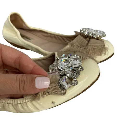 MIU MIU Ivory Patent Leather w Ribbon & Swarovski Crystals Ballerina Flats, 36.5