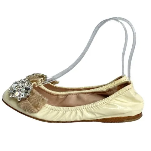 MIU MIU Ivory Patent Leather w Ribbon & Swarovski Crystals Ballerina Flats, 36.5