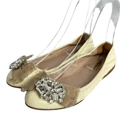 MIU MIU Ivory Patent Leather w Ribbon & Swarovski Crystals Ballerina Flats, 36.5