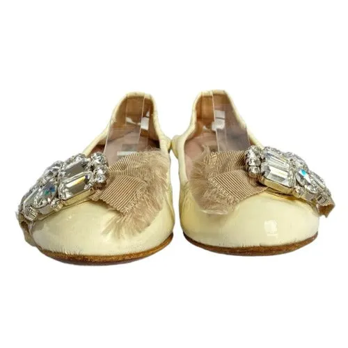 MIU MIU Ivory Patent Leather w Ribbon & Swarovski Crystals Ballerina Flats, 36.5