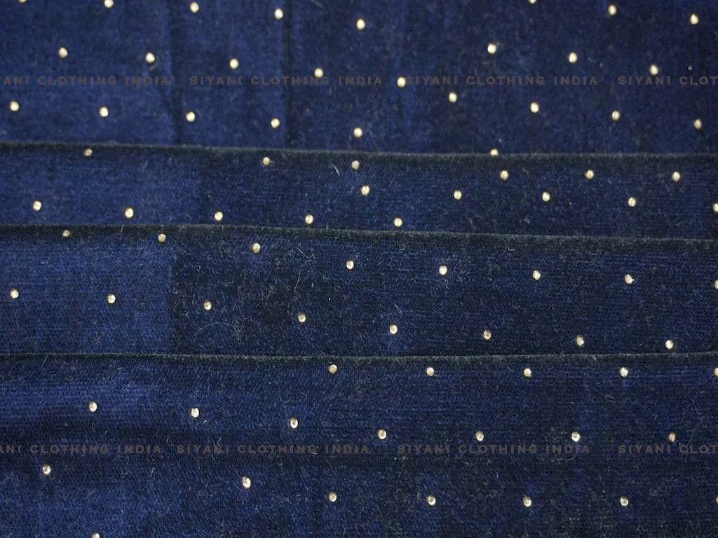 Navy Blue Polka Dots Embroidered Velvet Fabric