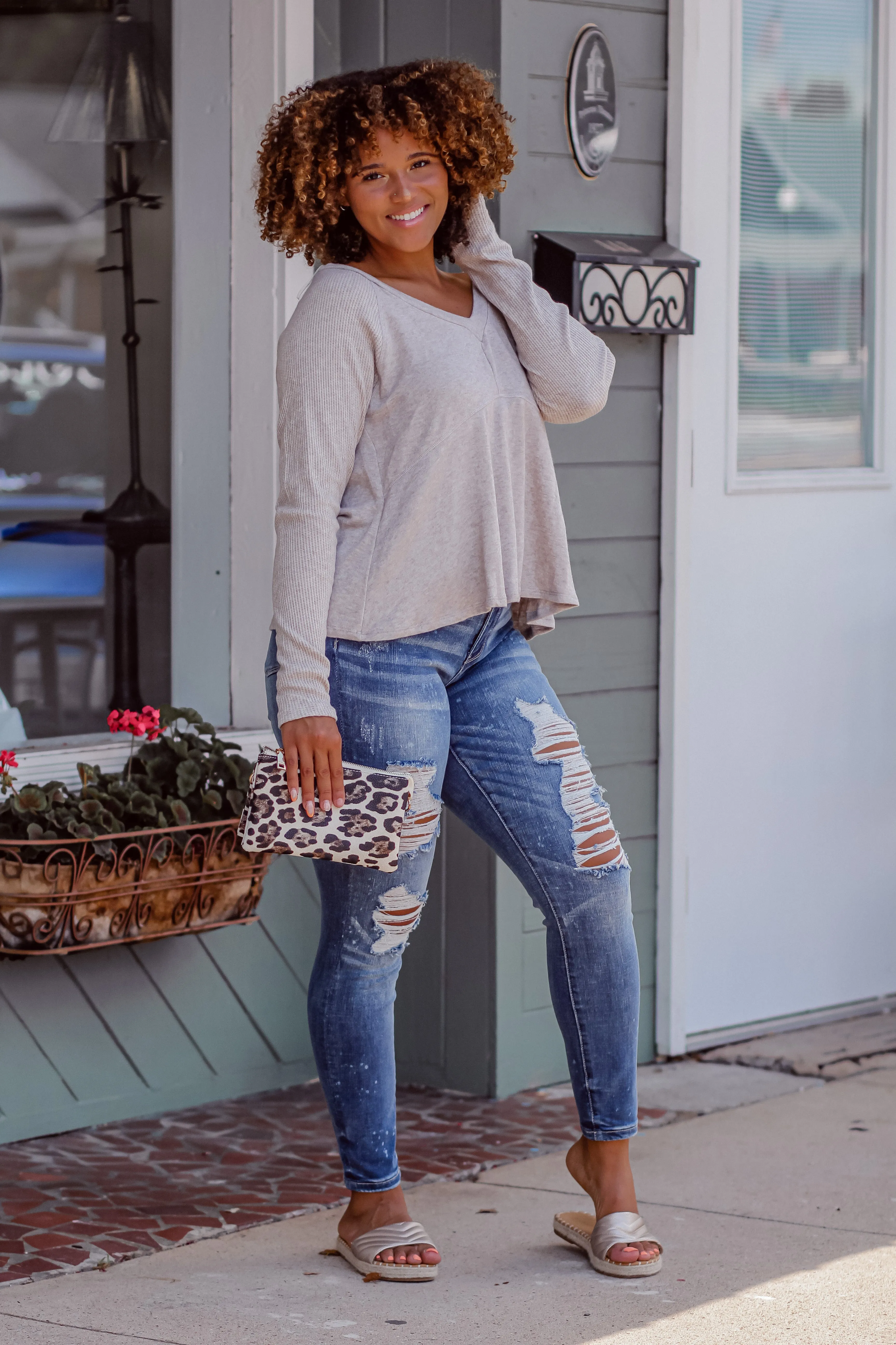 Oatmeal Contrast Knit V Neck Top
