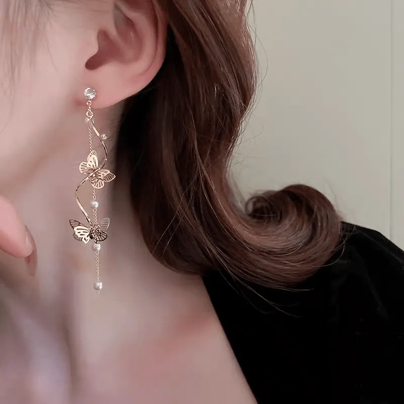 Pearl Chain Butterfly Dangle Earrings