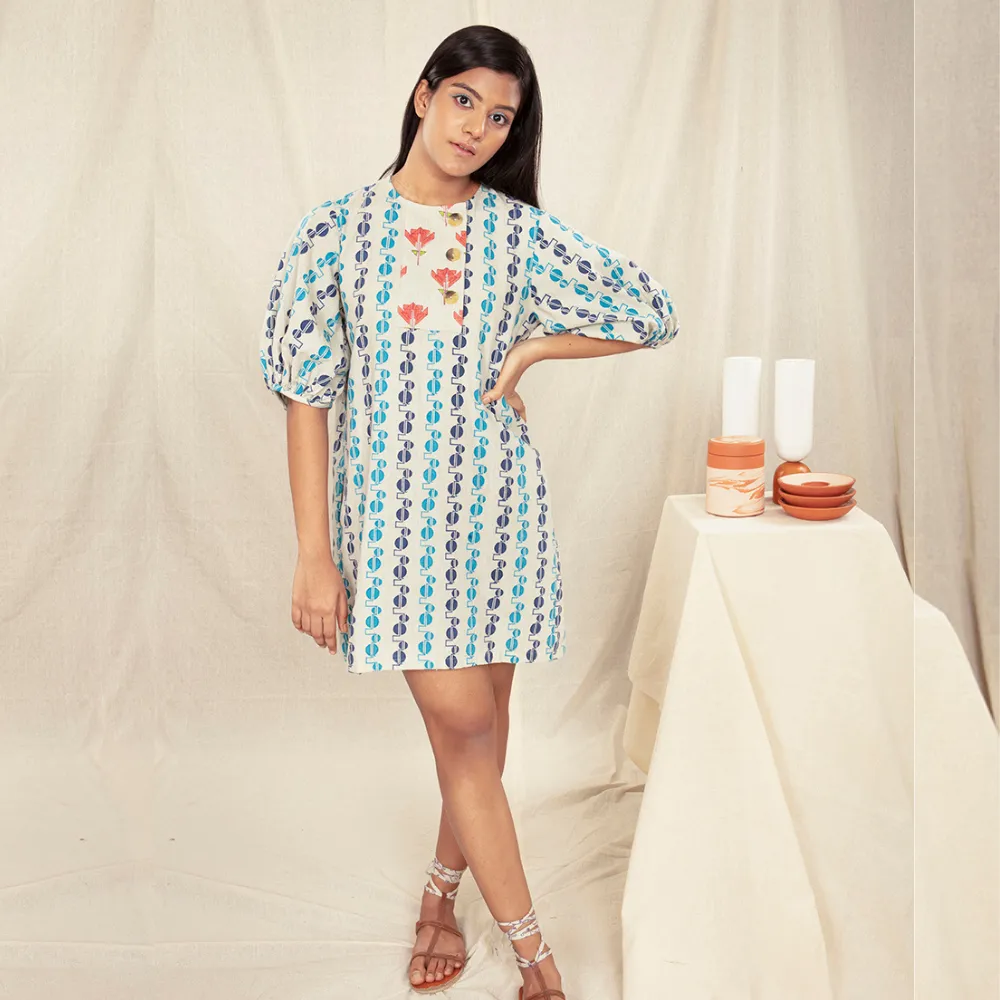 Poofy Sleeveless Handblock Print Dress | Hand-Crafted | Lightweight Cotton