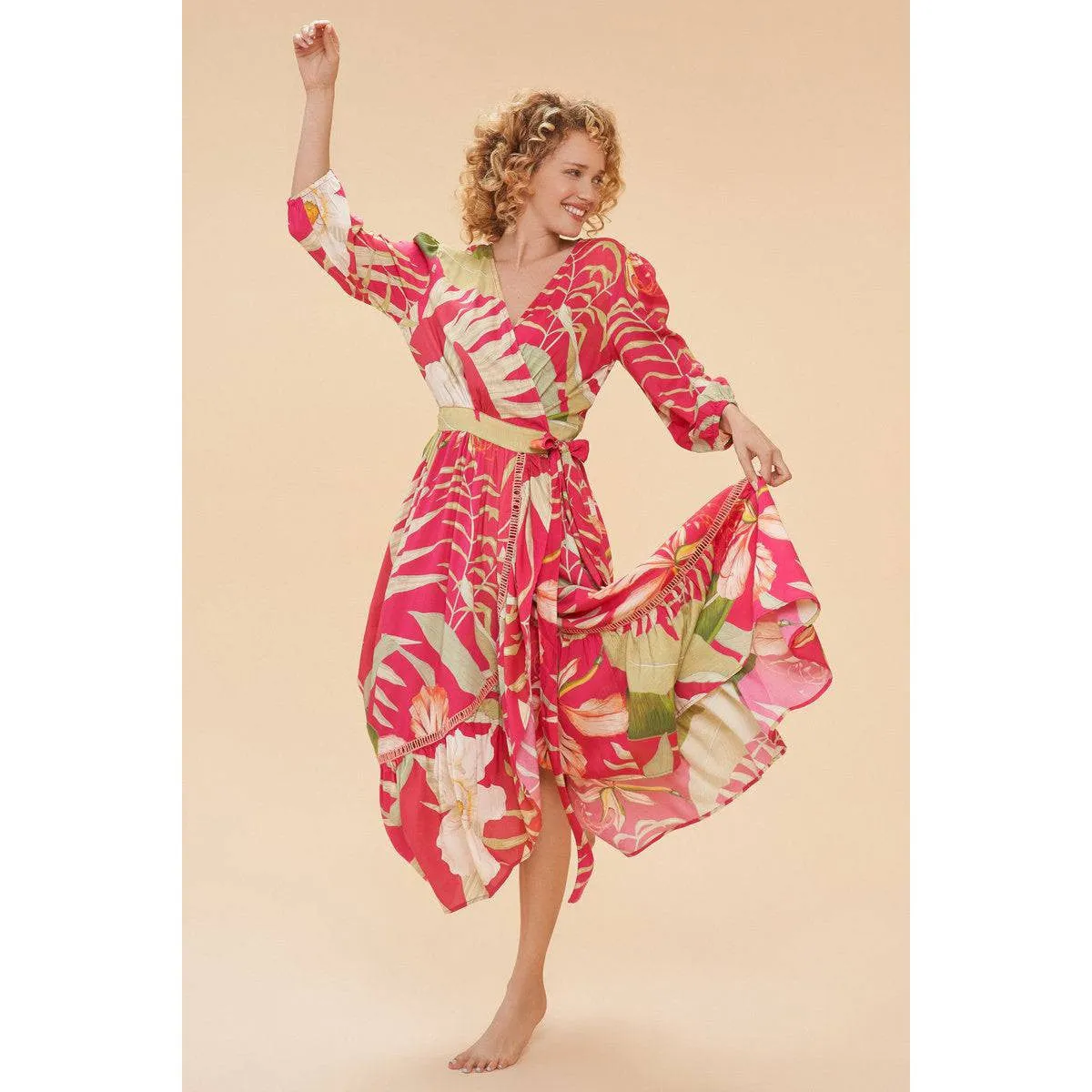 Powder Delicate Tropical Wrap Dress - Dark Rose