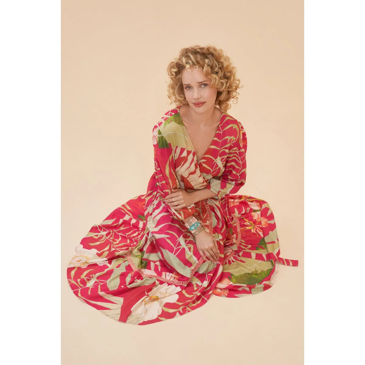 Powder Delicate Tropical Wrap Dress - Dark Rose