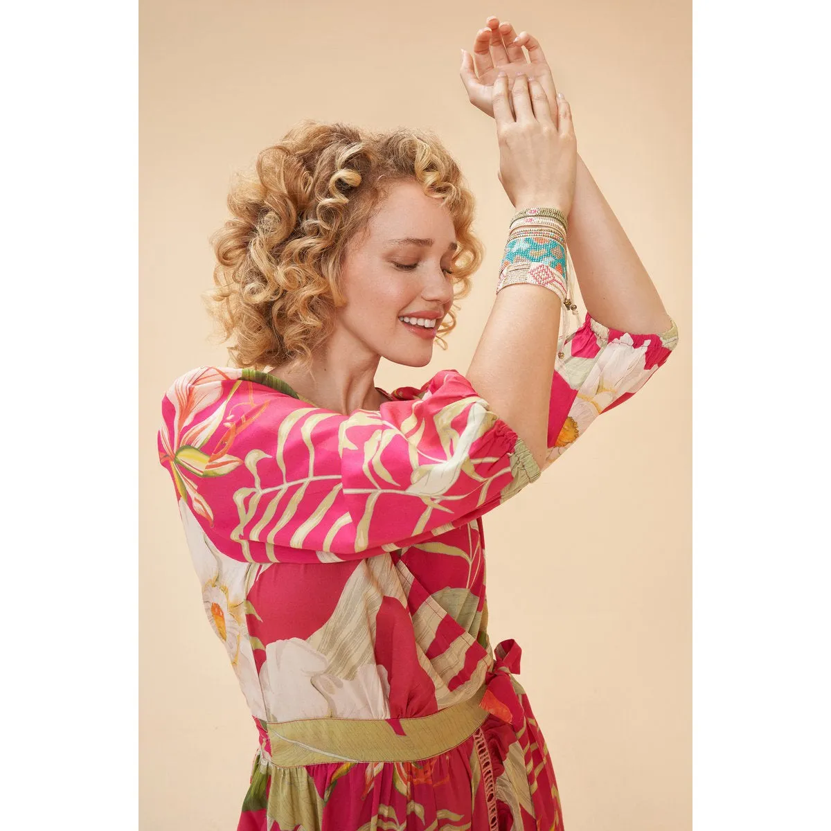 Powder Delicate Tropical Wrap Dress - Dark Rose