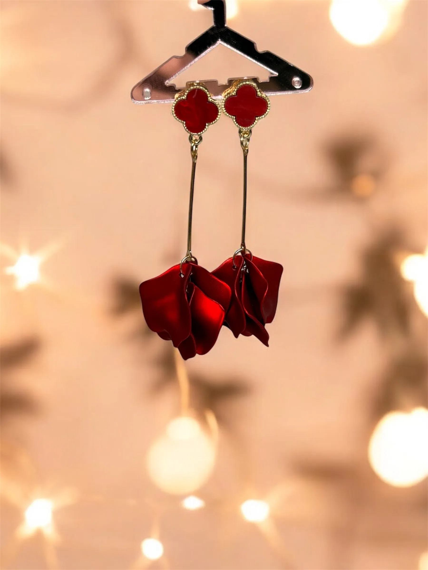 Red - designer flowers earrings | iridescent glitters petals earrings | gold & clover floral earrings | bridal party wedding earrings