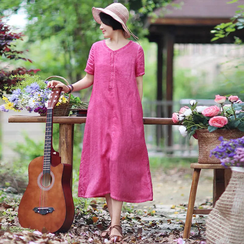 Red Linen Dresses Spring Summer Women Dresses With V Neck WC961813