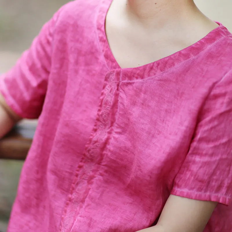 Red Linen Dresses Spring Summer Women Dresses With V Neck WC961813