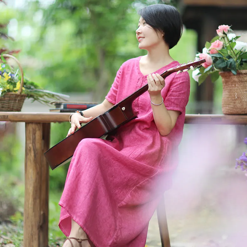 Red Linen Dresses Spring Summer Women Dresses With V Neck WC961813