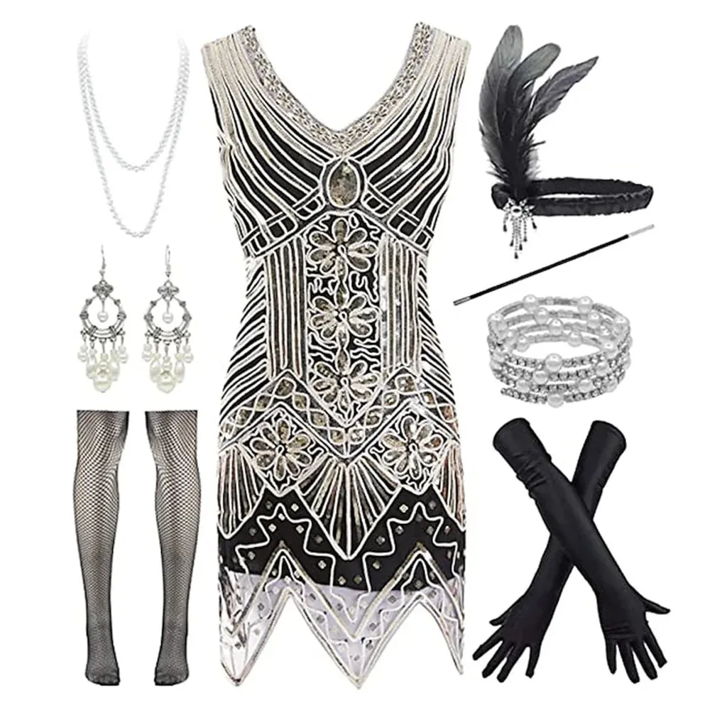 Retro 20s 1920s Flapper Dress Set! Sequined Tassel Fringe Dress