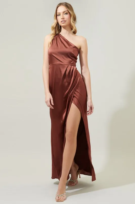 Rust Prestige One Shoulder Asymmetrical Maxi Dress