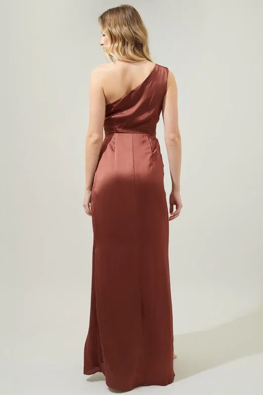 Rust Prestige One Shoulder Asymmetrical Maxi Dress