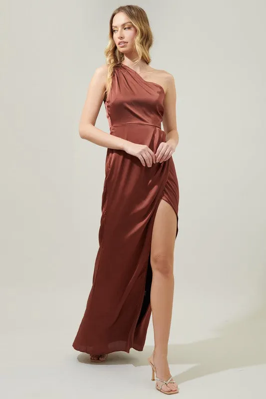 Rust Prestige One Shoulder Asymmetrical Maxi Dress