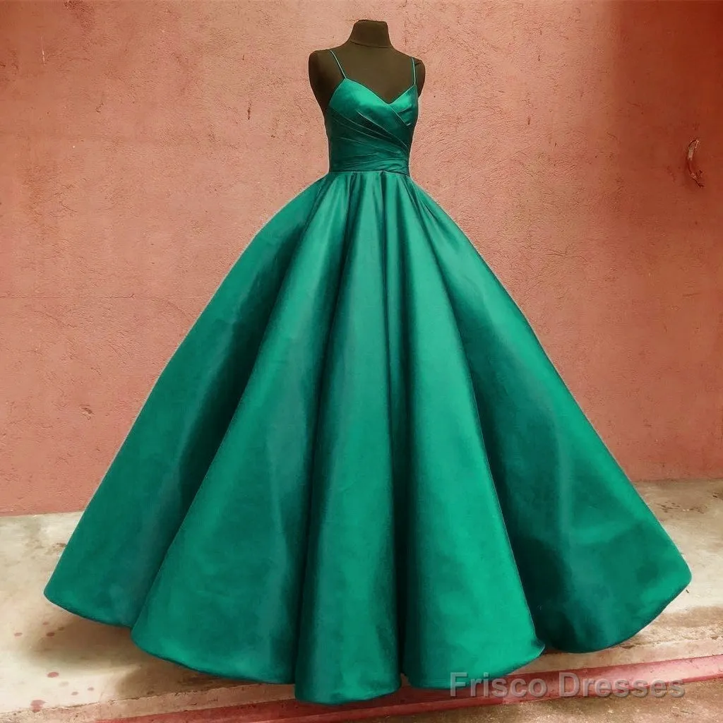 Spaghetti Straps V-Neck Ball Gowns Prom Satin Dresses