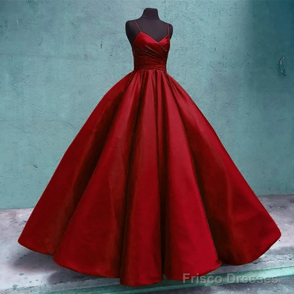 Spaghetti Straps V-Neck Ball Gowns Prom Satin Dresses