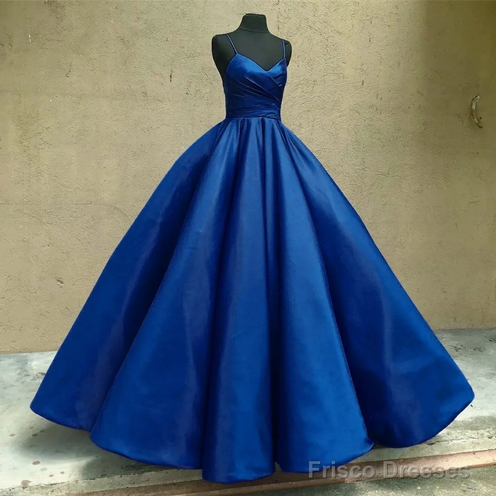 Spaghetti Straps V-Neck Ball Gowns Prom Satin Dresses