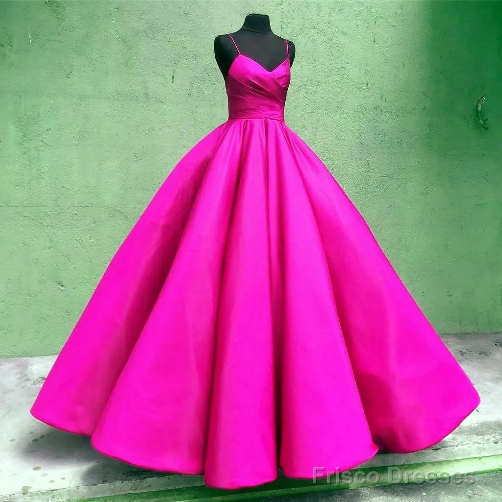 Spaghetti Straps V-Neck Ball Gowns Prom Satin Dresses