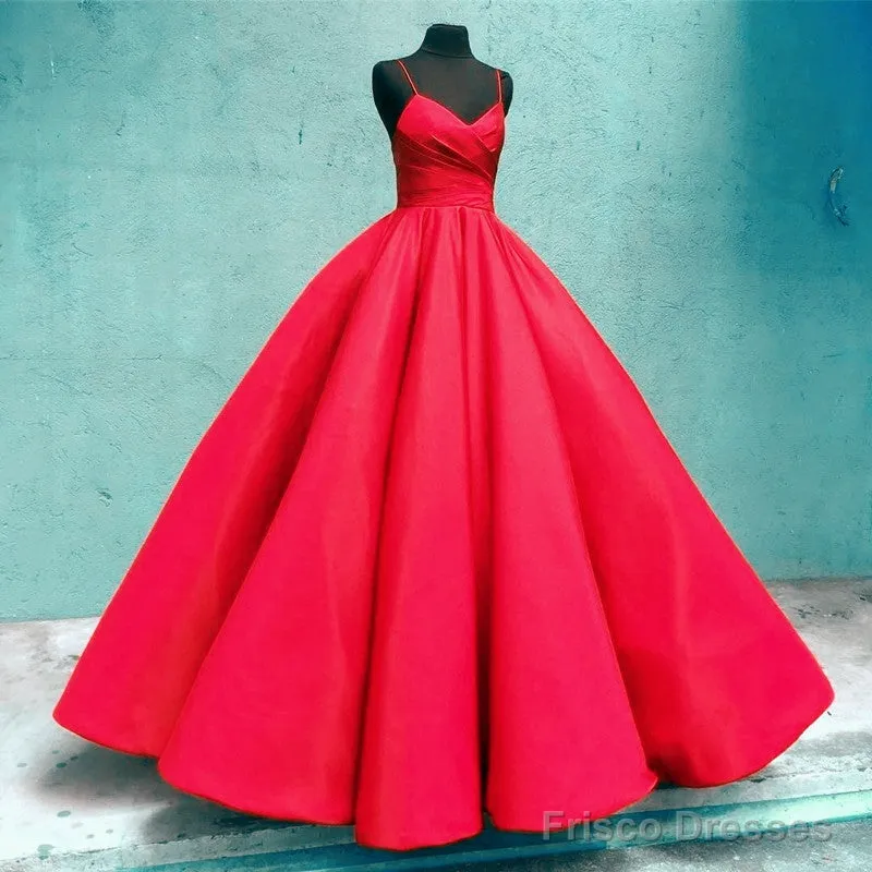 Spaghetti Straps V-Neck Ball Gowns Prom Satin Dresses