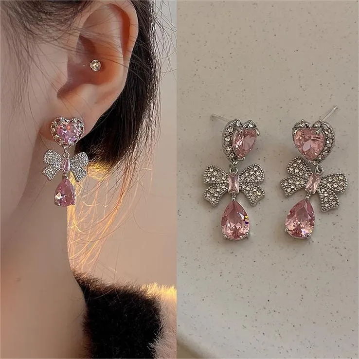 Sweet Crystal Ribbon Heart Dangle Earrings