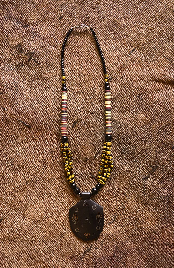 Tribal Beaded Jewelry, Chevron Trade Beads Necklace, Wood Pendant