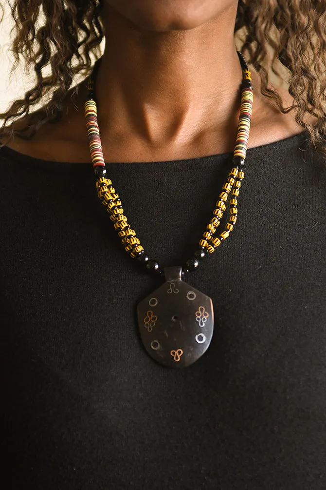 Tribal Beaded Jewelry, Chevron Trade Beads Necklace, Wood Pendant