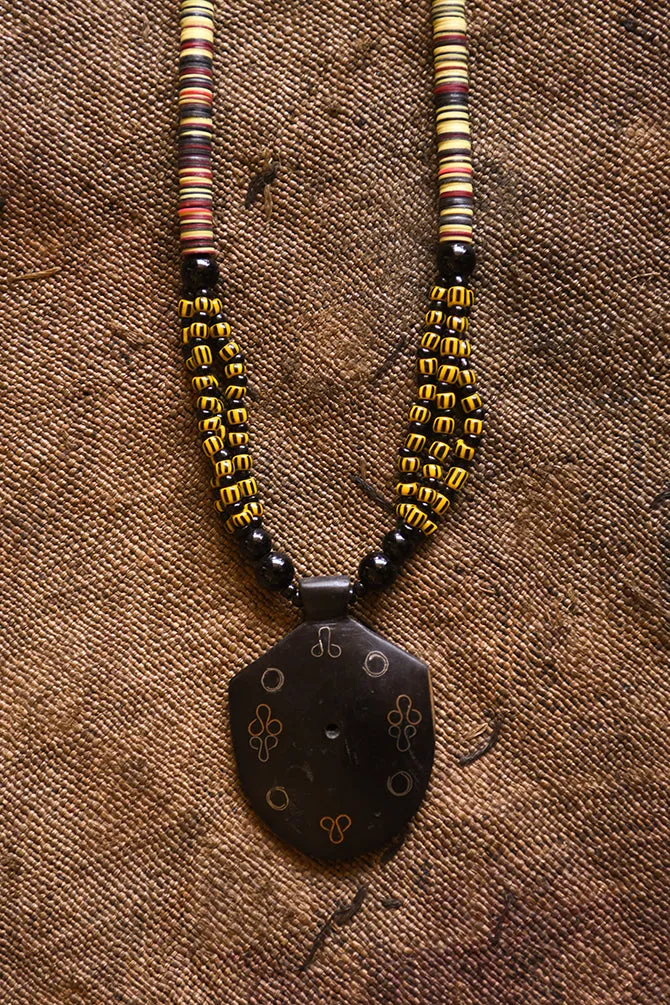 Tribal Beaded Jewelry, Chevron Trade Beads Necklace, Wood Pendant