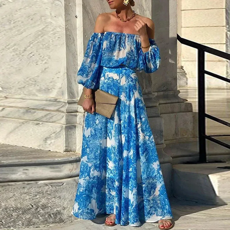 UAKISS - Elegant Slash Neck Waist Pleated Party Dress Summer Fashion Floral Print Women Long Dress Casual Lantern Sleeve Bohemian DresseS