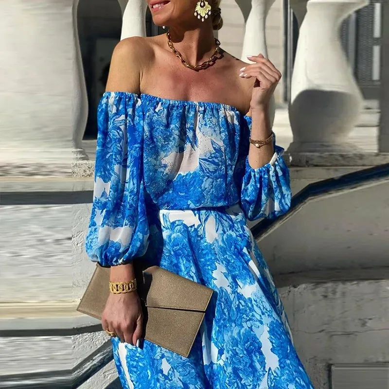 UAKISS - Elegant Slash Neck Waist Pleated Party Dress Summer Fashion Floral Print Women Long Dress Casual Lantern Sleeve Bohemian DresseS