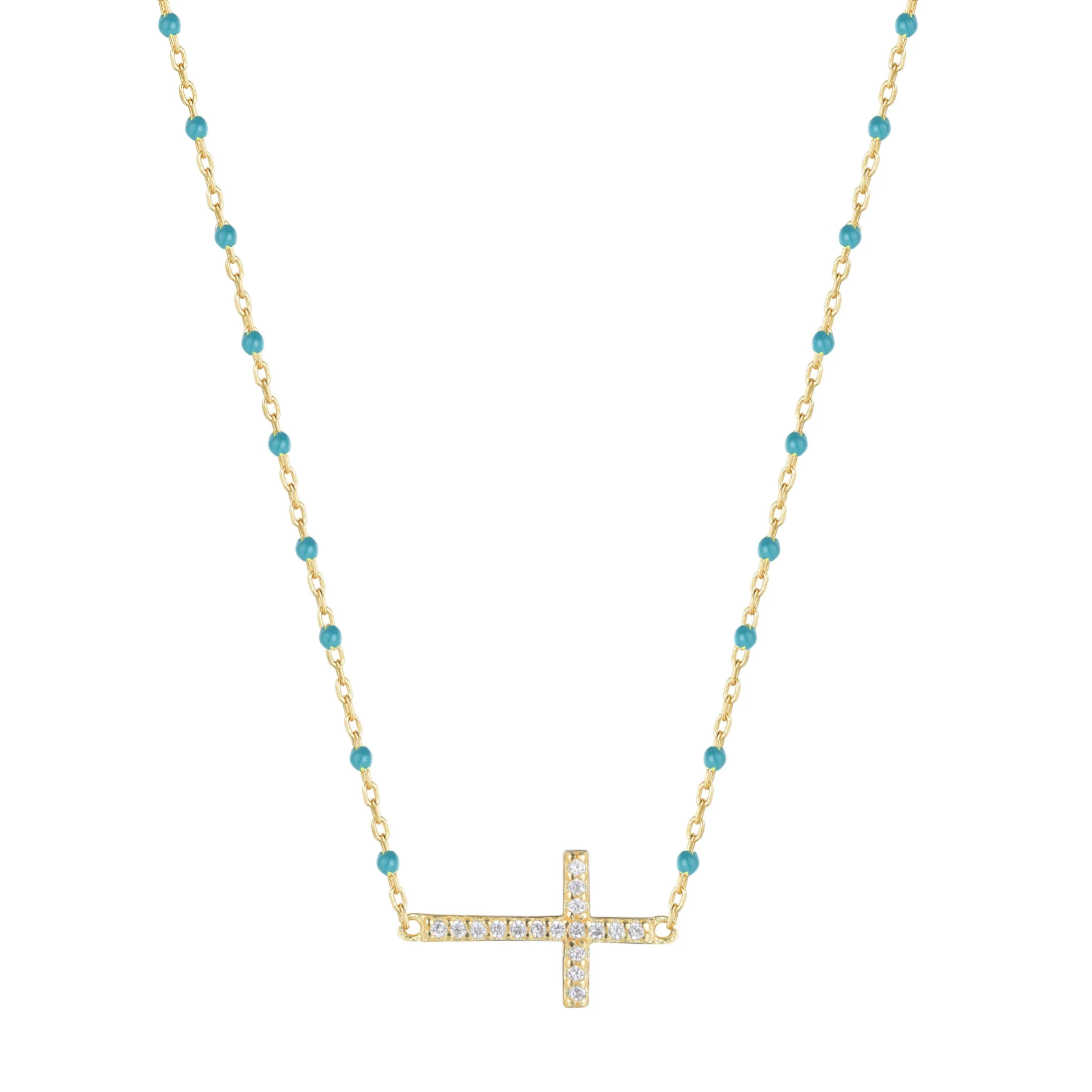 VANESSA CROSS BLUE BEADED GOLD NECKLACE