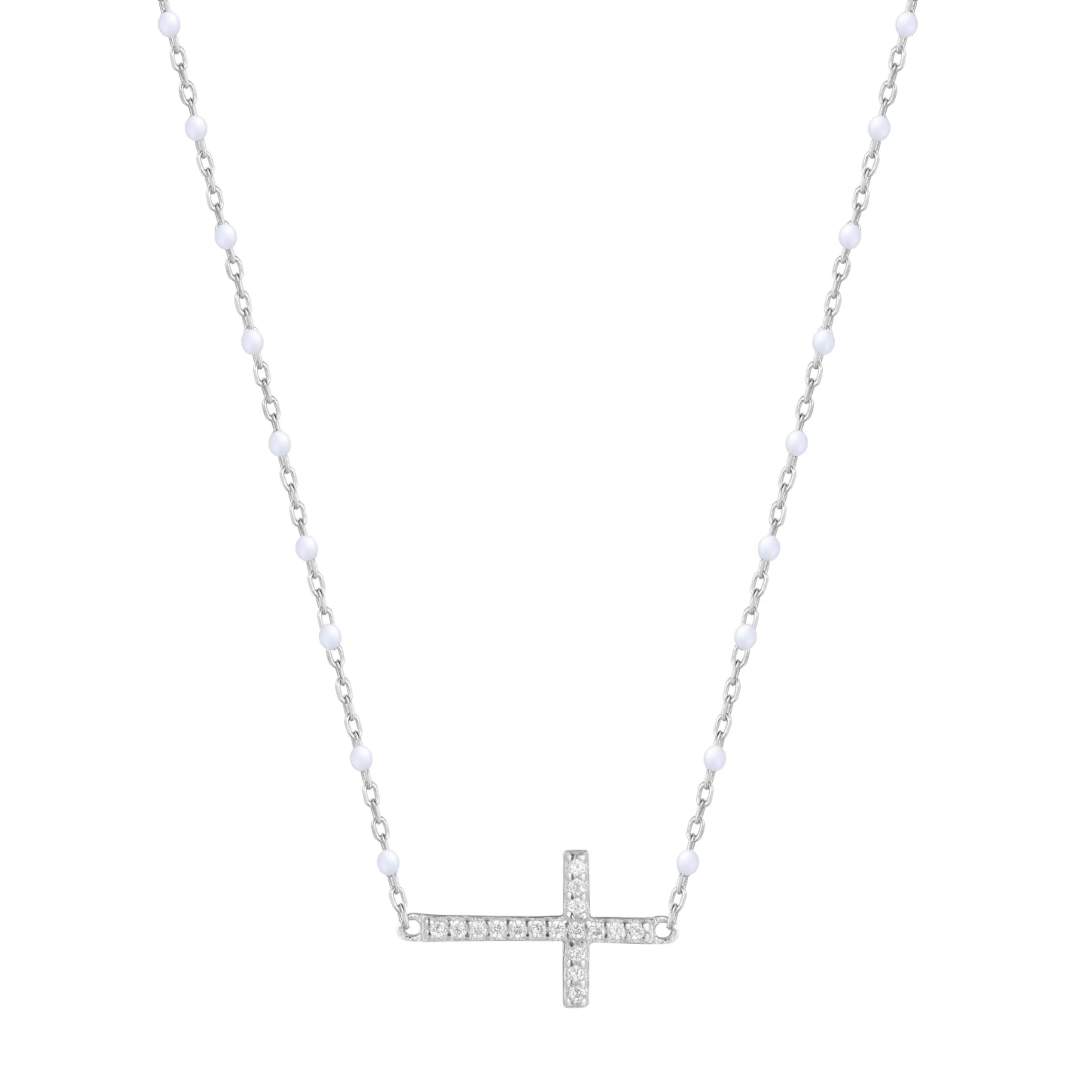 VANESSA CROSS WHITE BEADED SILVER NECKLACE