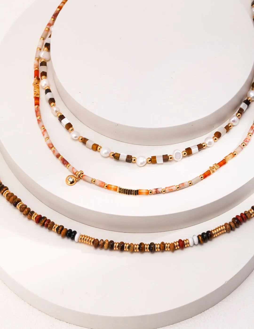 Vintage Gold Tiger Eye Stone Spliced Pearl Necklaces